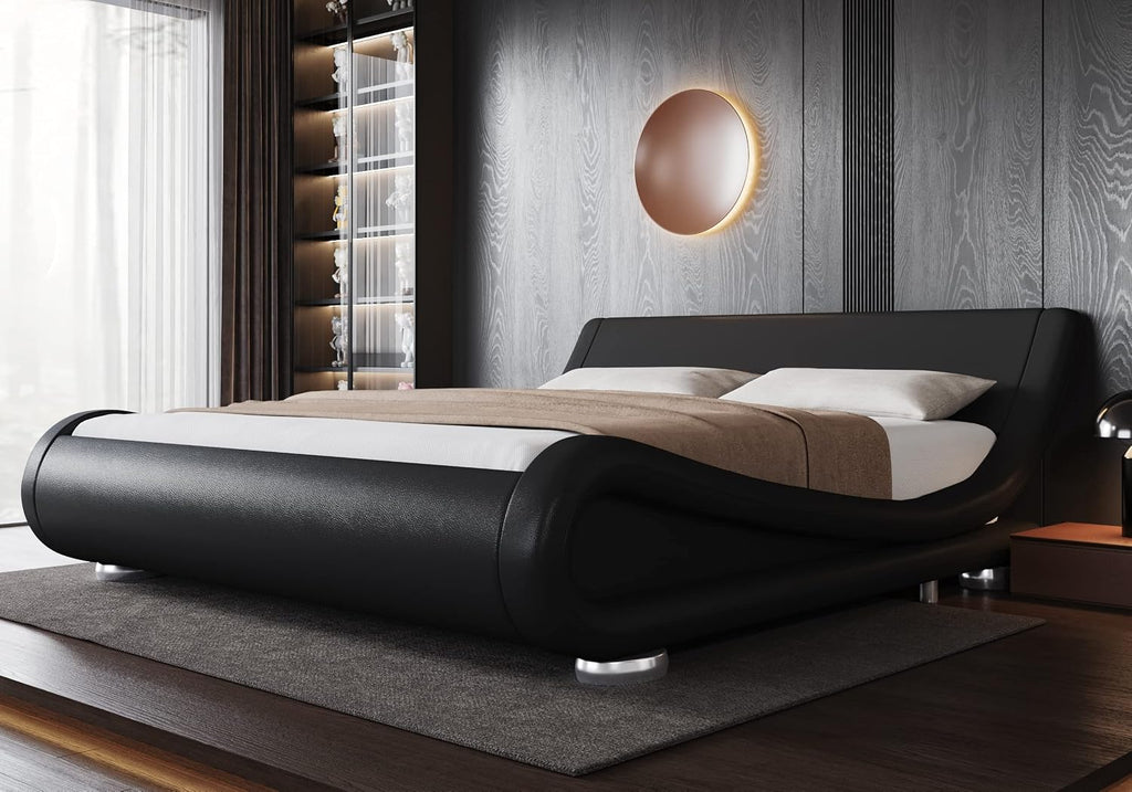 Allewie King Size Upholstered Platform Bed Frame with Ergonomic & Adjustable Headboard, Low Profile Sleigh Design for Elegant Bedroom - No Box Spring Needed, Easy Assembly, Black