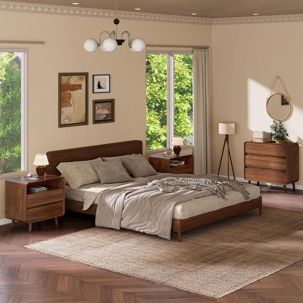 Nasonet Mid Century Modern Dresser and Nightstand Sets 3 Piece, Wooden 3 Drawer Dresser and 2 Drawer Nightstands Sets of 2, Walnut Bedroom Furniture Set
