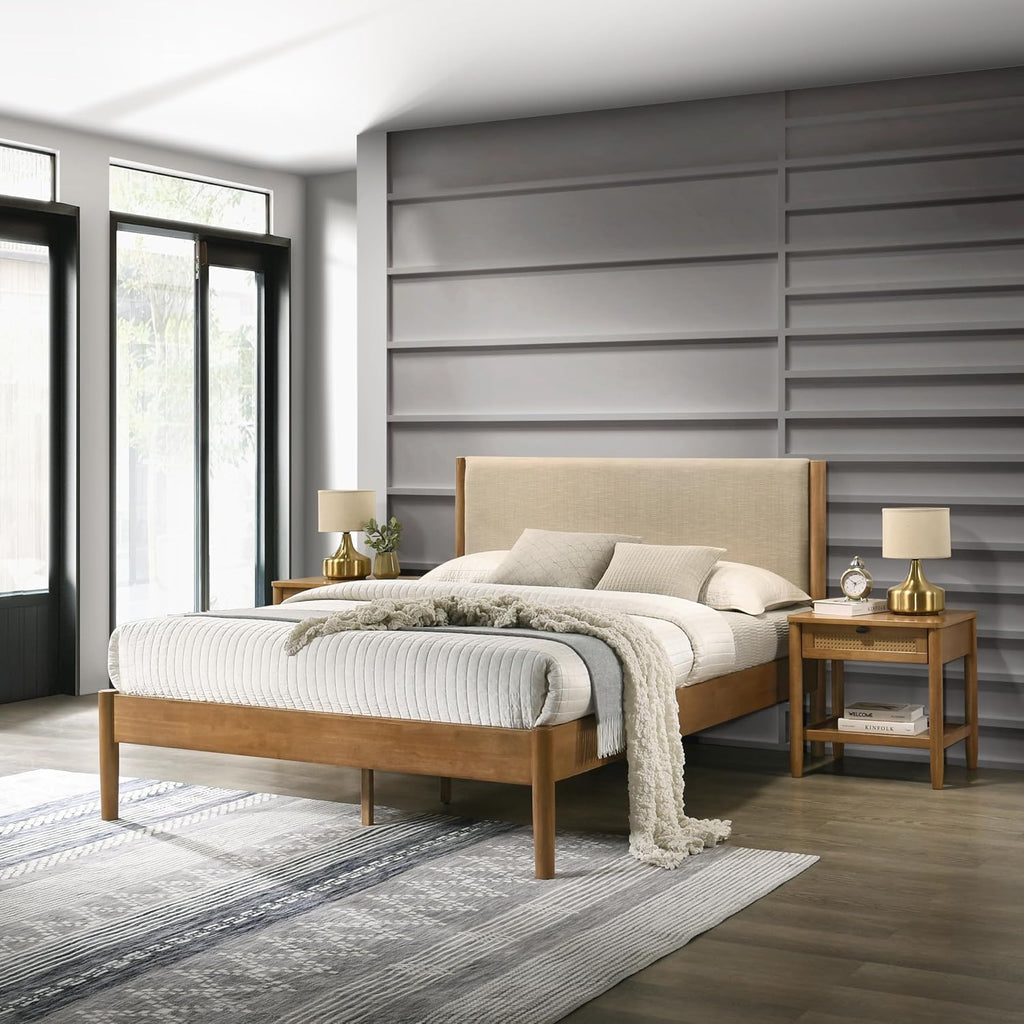 Roundhill Furniture Vichy 3-Piece Rubberwood Bedroom Set, Platform Bed with Two Nightstands, Queen, Textured Polyester