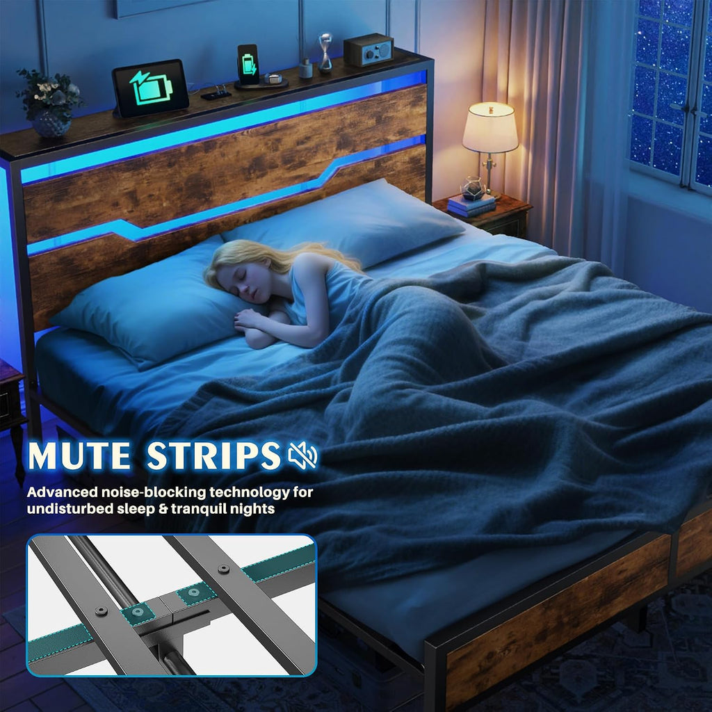 Homkdom Full Size Bed Frame with LED Lights & Charging Station, Industrial Metal Platform Bed with 13' Large Under-Bed Storage, Heavy Duty Slats,Noise-Free, No Box Spring Needed, Modern Brown