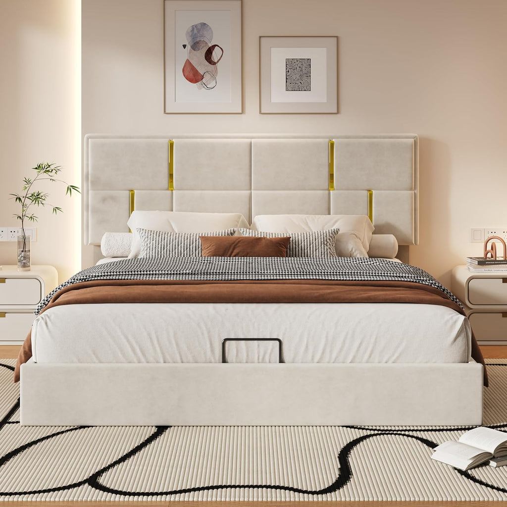 JIJIWANG Queen Size Upholstered Platform Bed with Hydraulic Storage System,Velvet Bed Frame with Headboardqueen Bed Brame with Storage No Box Spring Needed,Beige