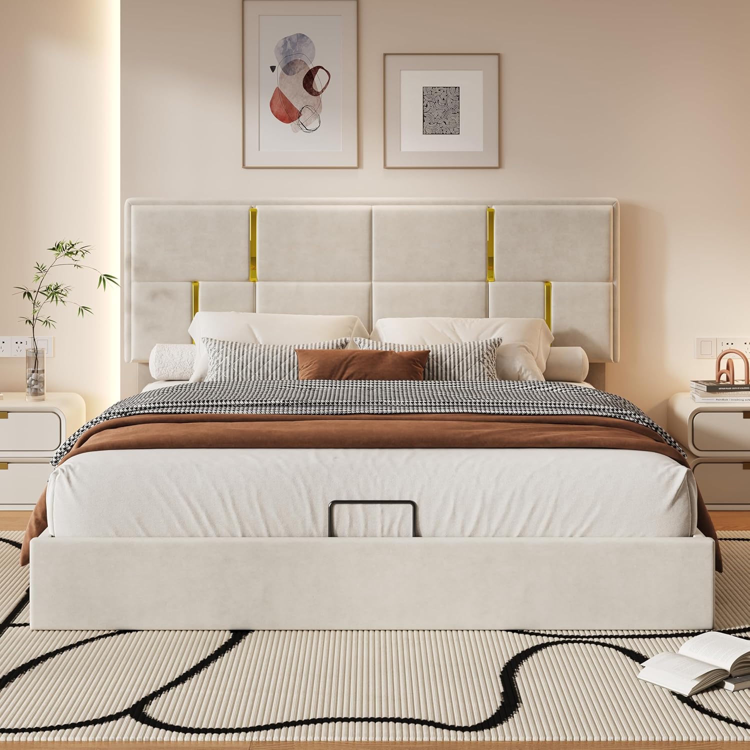 JIJIWANG Queen Size Upholstered Platform Bed with Hydraulic Storage System,Velvet Bed Frame with Headboardqueen Bed Brame with Storage No Box Spring Needed,Beige