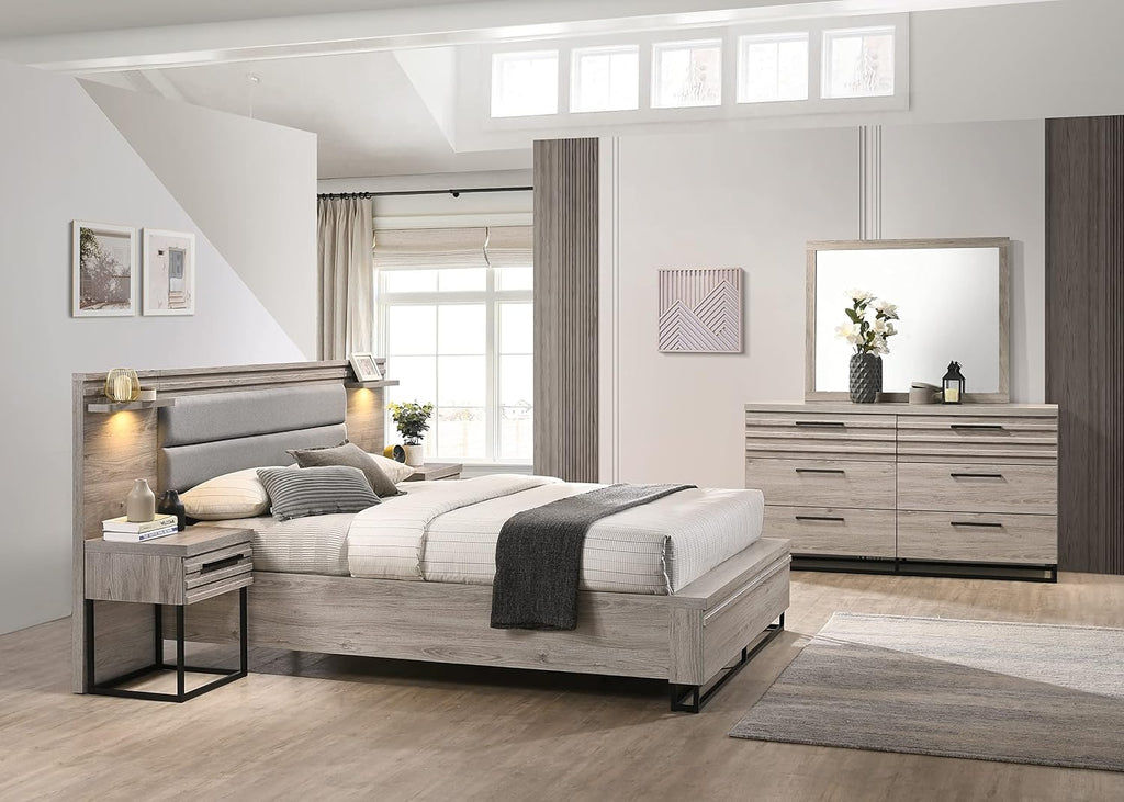 Roundhill Furniture Alvear Upholstered Wood Wallbed Bed with White LED Lights, Dresser, Mirror, Chest, and 2 Nightstands, Queen, Weathered Gray