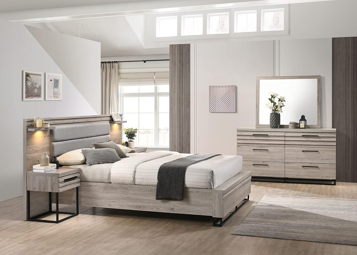 Roundhill Furniture Alvear Upholstered Wood Wallbed Bed with White LED Lights, Dresser, Mirror, Chest, and 2 Nightstands, Queen, Weathered Gray