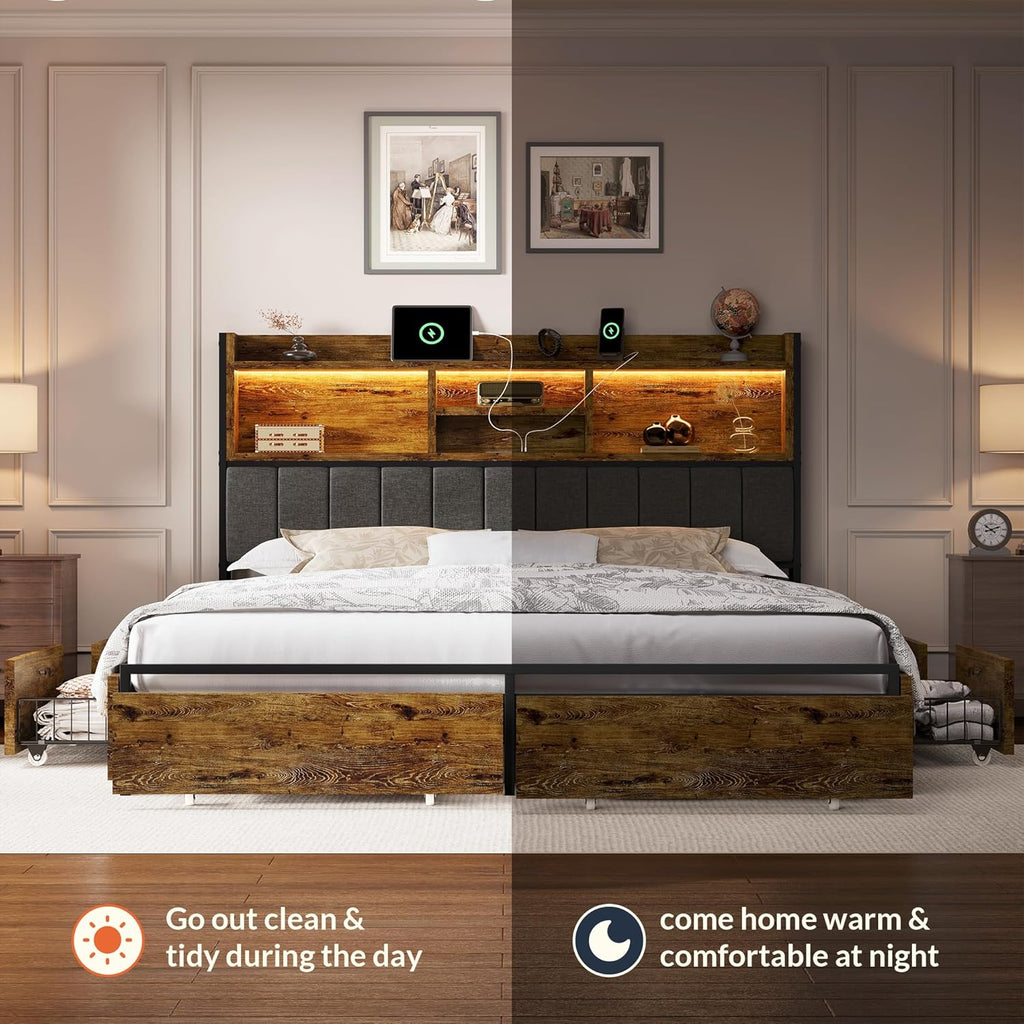 LARMACE Queen Bed Frame with 6 Storage Drawers, Bed Frame Queen Size with Linen Upholstered Headboard, Built in Charging Station and LED, No Noise, Metal Support, No Box Spring Needed,Vintage Brown