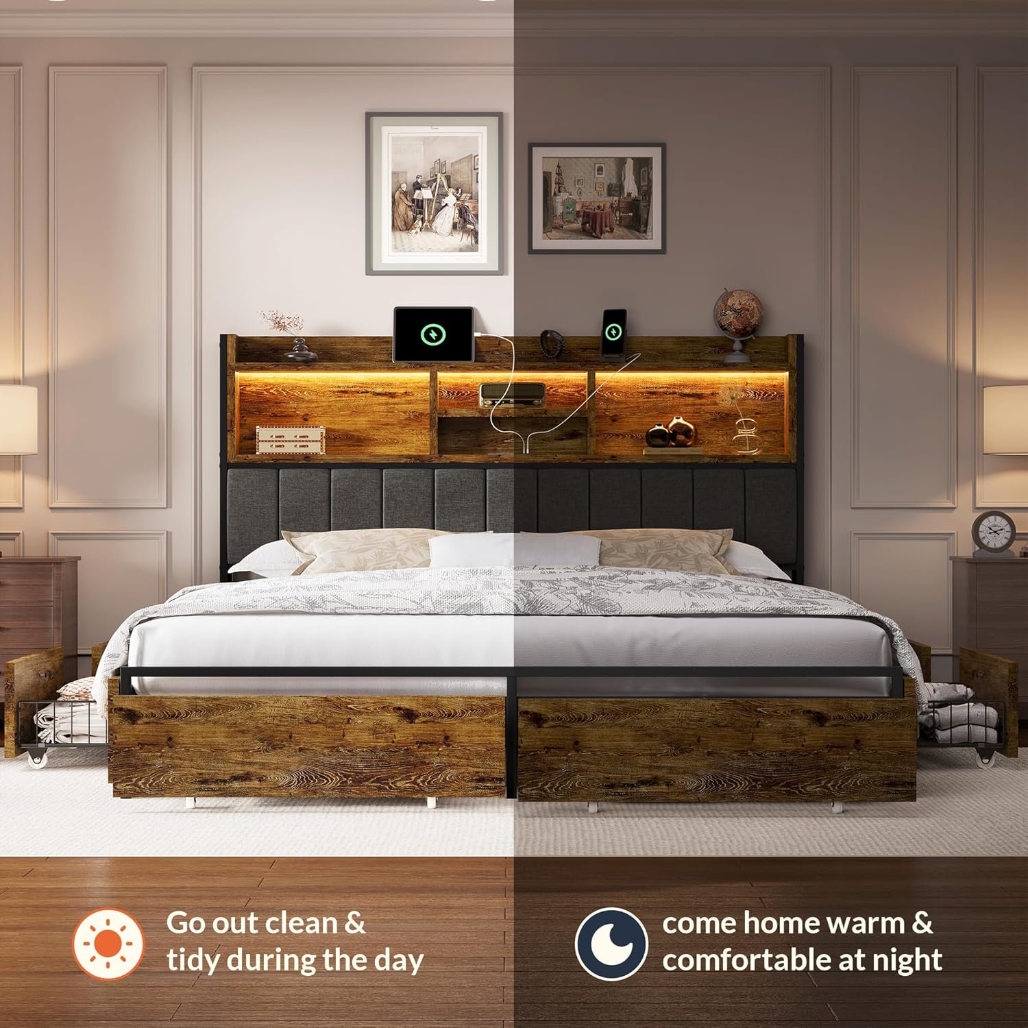 LARMACE Queen Bed Frame with 6 Storage Drawers, Bed Frame Queen Size with Linen Upholstered Headboard, Built in Charging Station and LED, No Noise, Metal Support, No Box Spring Needed,Vintage Brown
