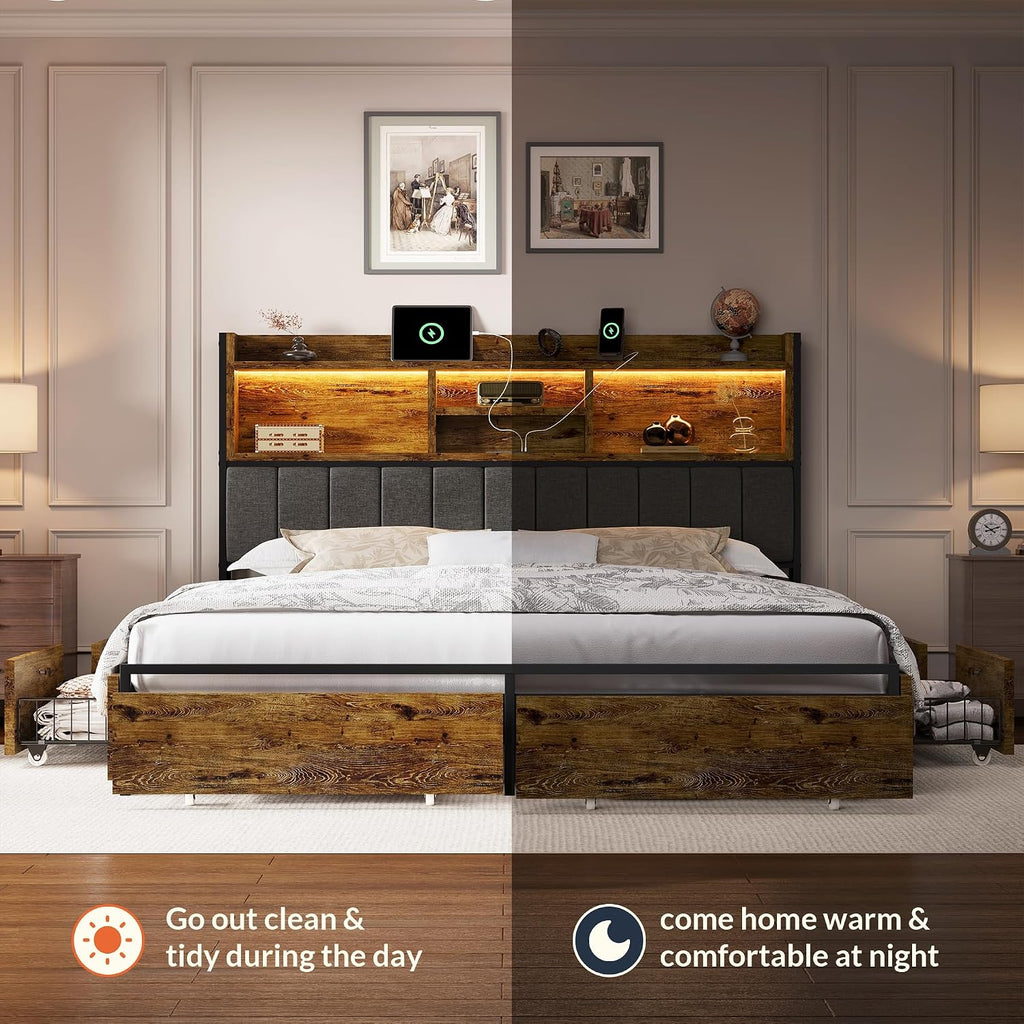 LARMACE King Bed Frame with 6 Storage Drawers, Bed Frame King Size with Linen Upholstered Headboard, Built in Charging Station and LED, No Noise, Metal Support, No Box Spring Needed,Vintage Brown