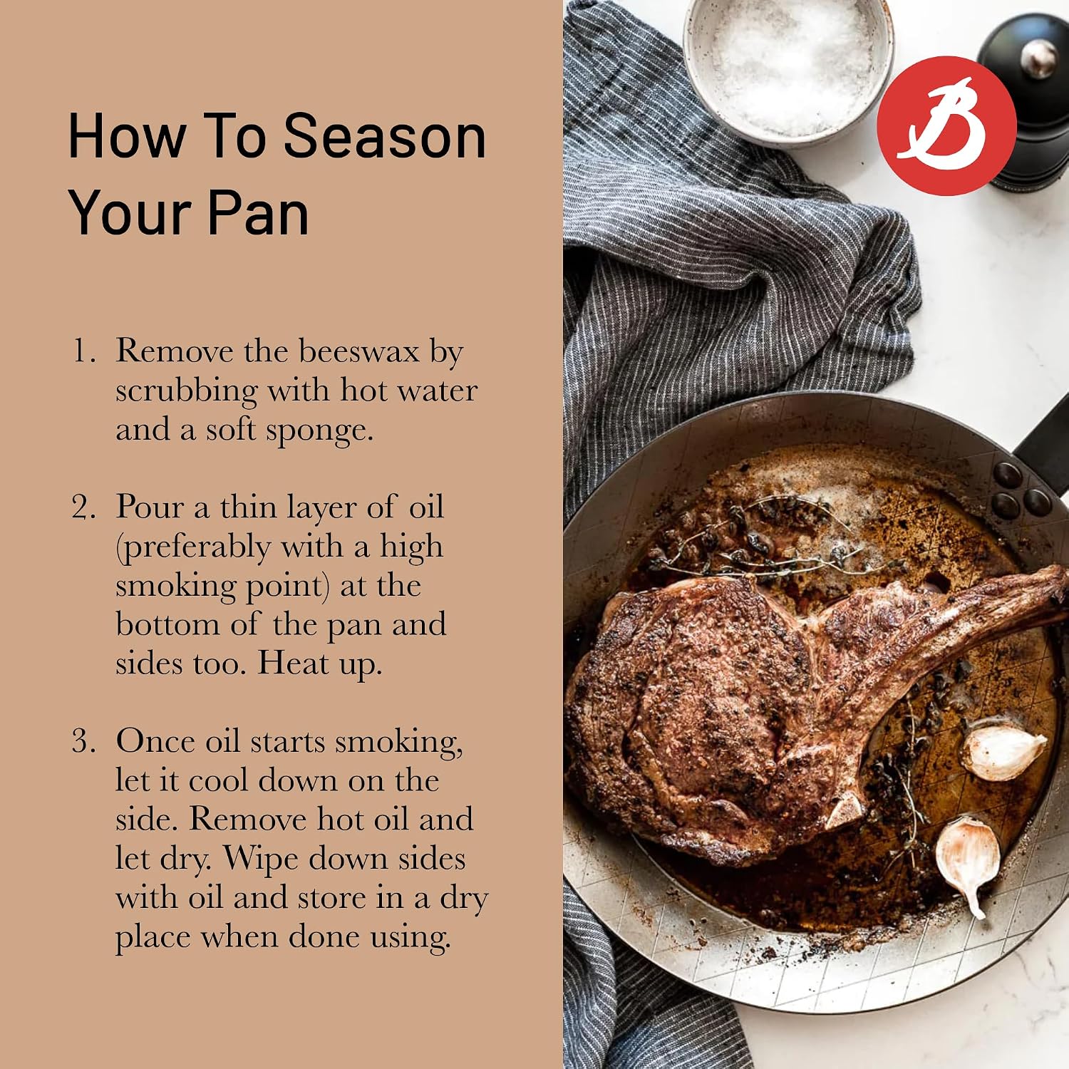 de Buyer MINERAL B Carbon Steel Steak Pan - 11' Diameter, 8.4' Cooking Surface - Ideal for Searing & Browning Meat - Naturally Non-Stick Finish - Made in France