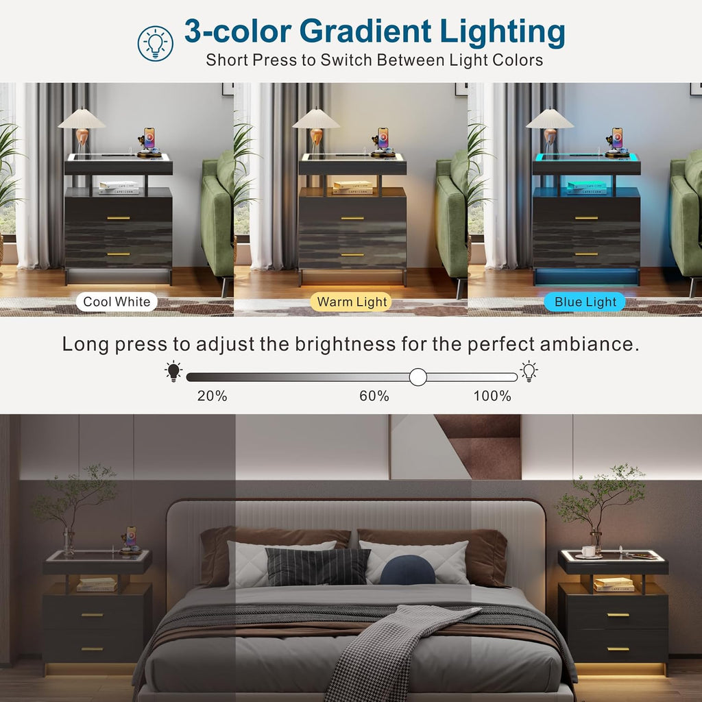 Smart LED Nightstand Set of 2 - with - Modern Night Stand with Wireless Charging Station, Glass Top Bedside Table with Drawers for Bedroom, Glossy End Table with Human Body Induction (Black)