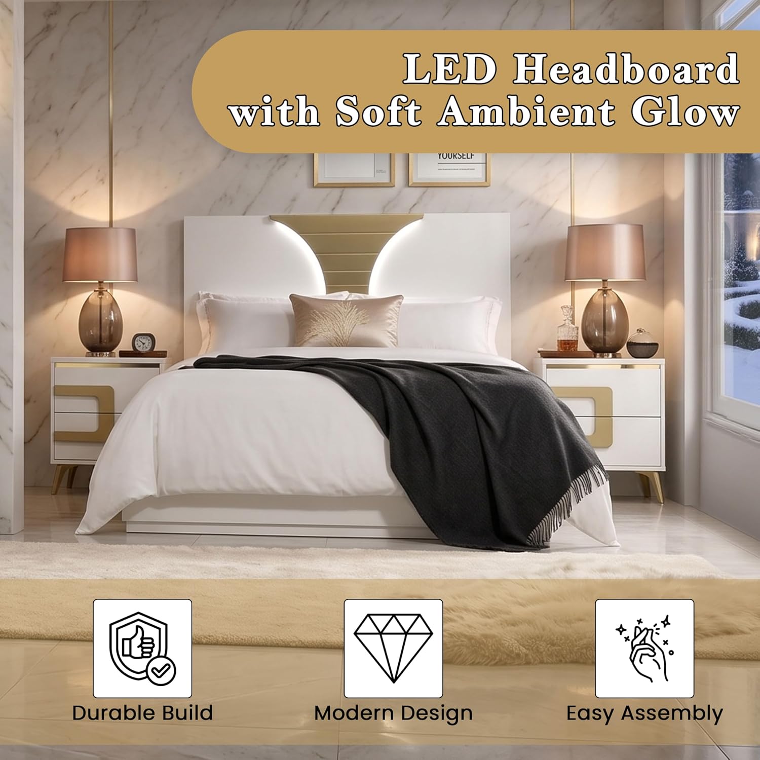 Kings Brand Furniture Claire 6-Piece King Size Bedroom Set - Bed with LED Headboard, Dresser, Mirror, Chest and 2 Nightstands, White/Gold