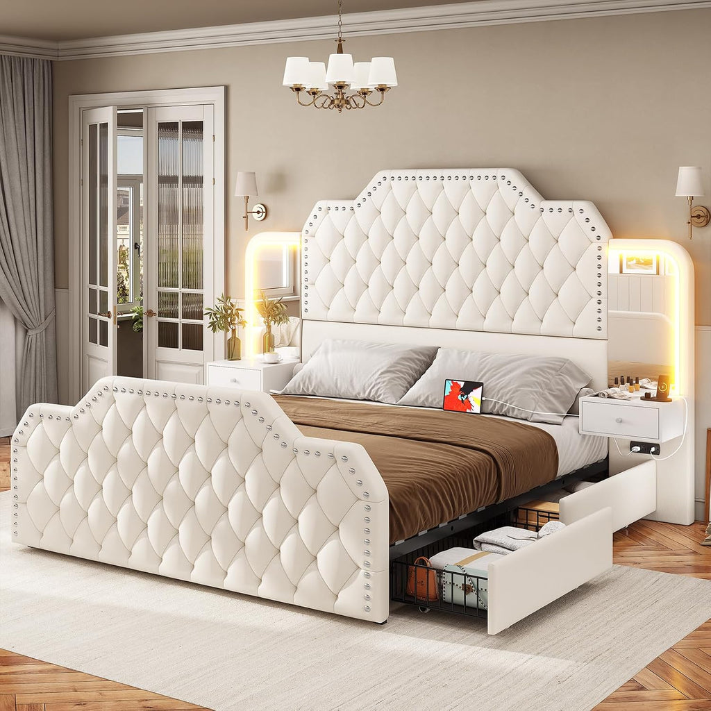 Itaar Queen Bed Frame with 53' Tall Headboard and 4 Storage Drawers, PU Leather Upholstered Platform Bed Frame, Built in Charging Station & Led, 2 Nightstands with Mirror, White