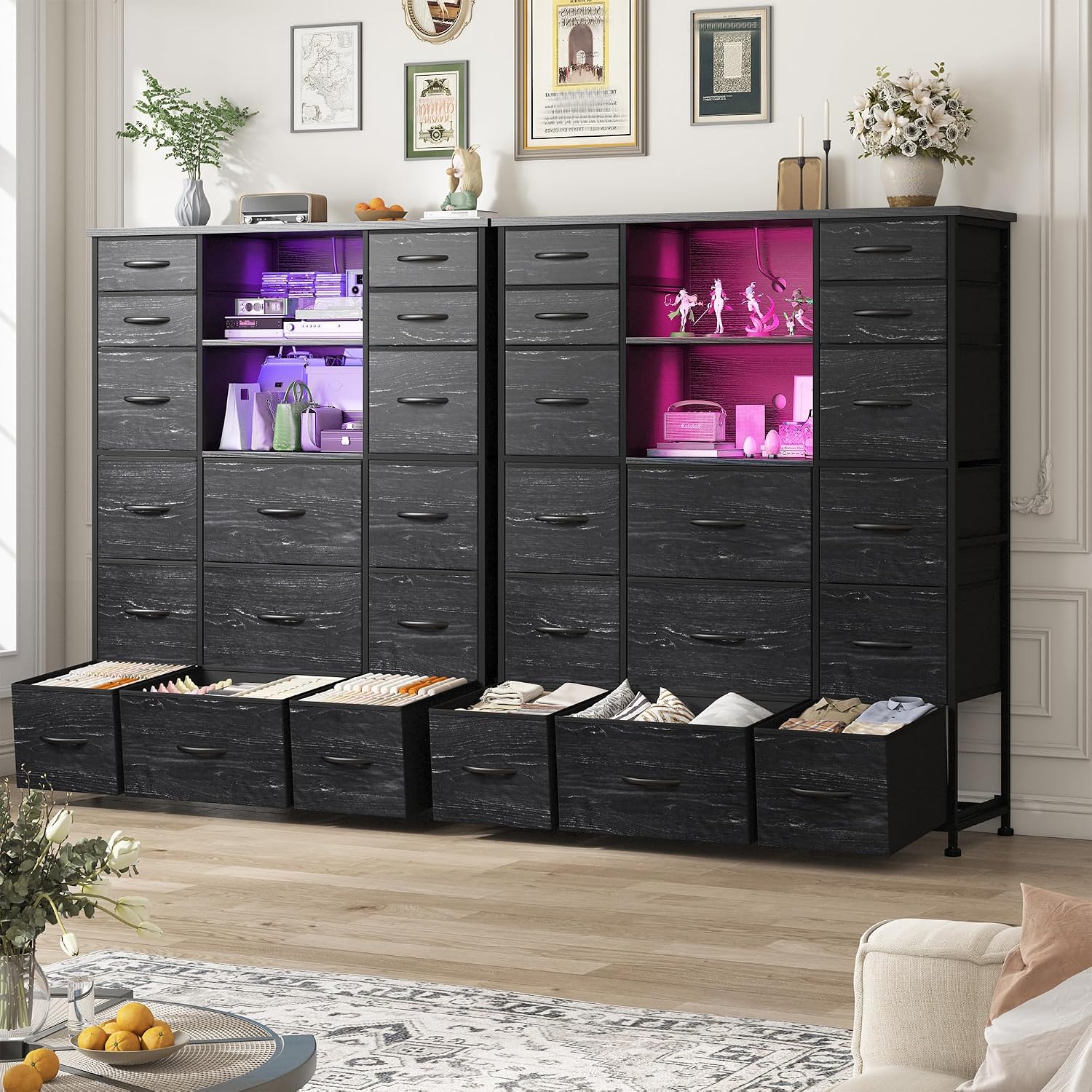 EnHomee 51' H Dresser with 15 Drawers Dresser for Bedroom with Charging Station & LED Lights & Hutch Sturdy Black Bedroom Dressers, Steel Frame, Wood Top, 51.2' H x 39.3' W x 11.8' D
