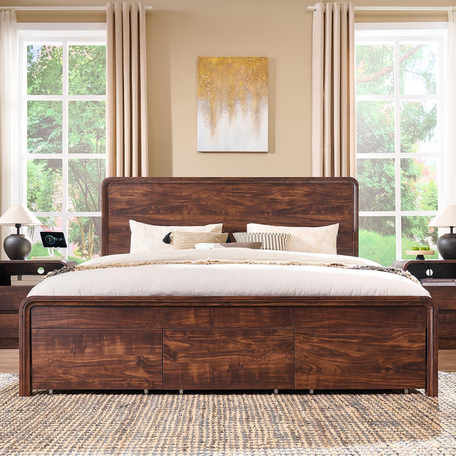Aitjunz Modern King Size Bed Frame with 50' Tall Headboard, Wood King Size Platform Bed Frame w/3 Storage Drawers, Curved Profile Design, Wood & Steel Platform Bed, No Box Spring Needed, Dark Walnut