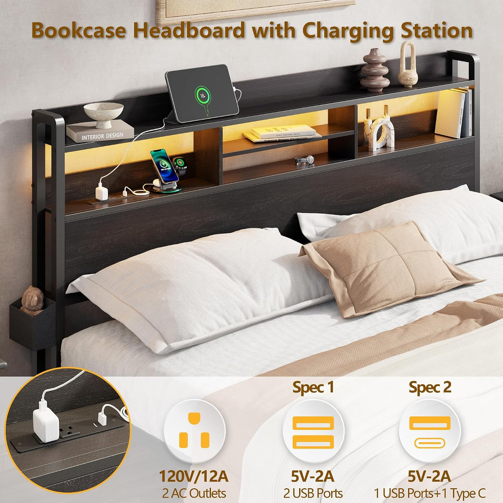 Furnulem Full Size Bed Frame with Wood Headboard, Metal Platform Bed Frame Full Size with 2 Storage Drawers and Shelf, LED Lights and Charging Station, No Box Spring Needed, Noise Free, Black