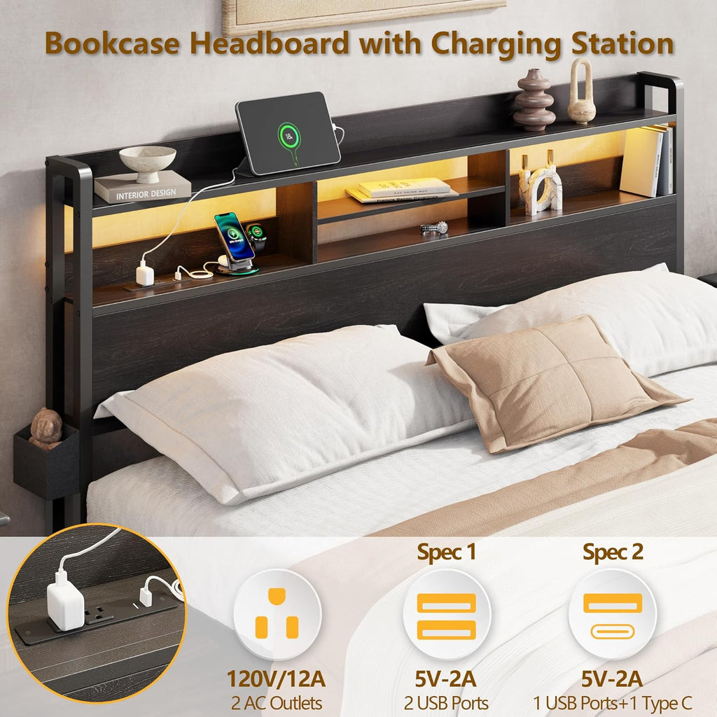 Furnulem King Bed Frame with Wood Headboard & Storage Drawers, Metal Platform Bed Frames King Size with LED Lights, Built in Charging Station, No Box Spring Needed, No Noise, Easy Assembly, Black