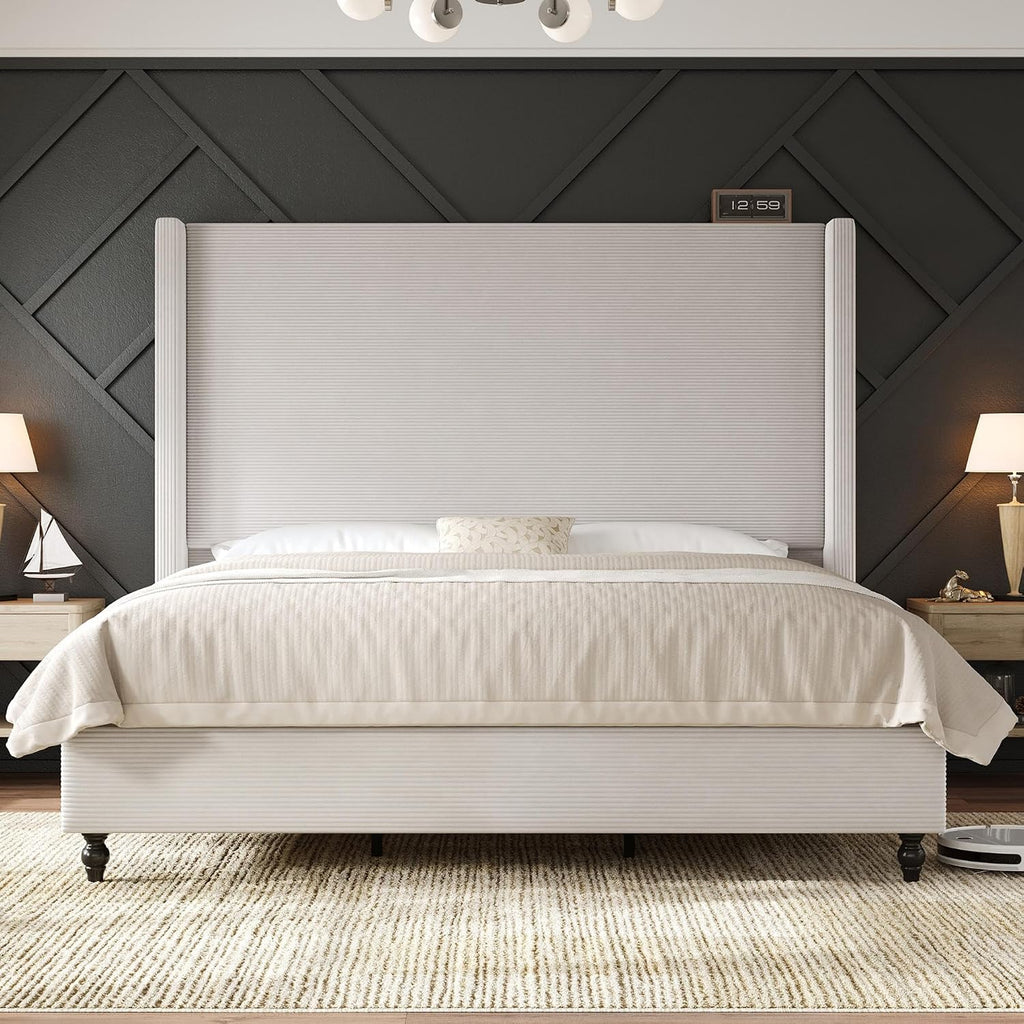 AMERLIFE Queen Bed Frame with 63' Tall Headboard, Upholstered Corduroy Bed Frame with Wingback, Platform Bed with Solid Wood Gourd Legs, Solid Slats, No Box Spring Needed, White