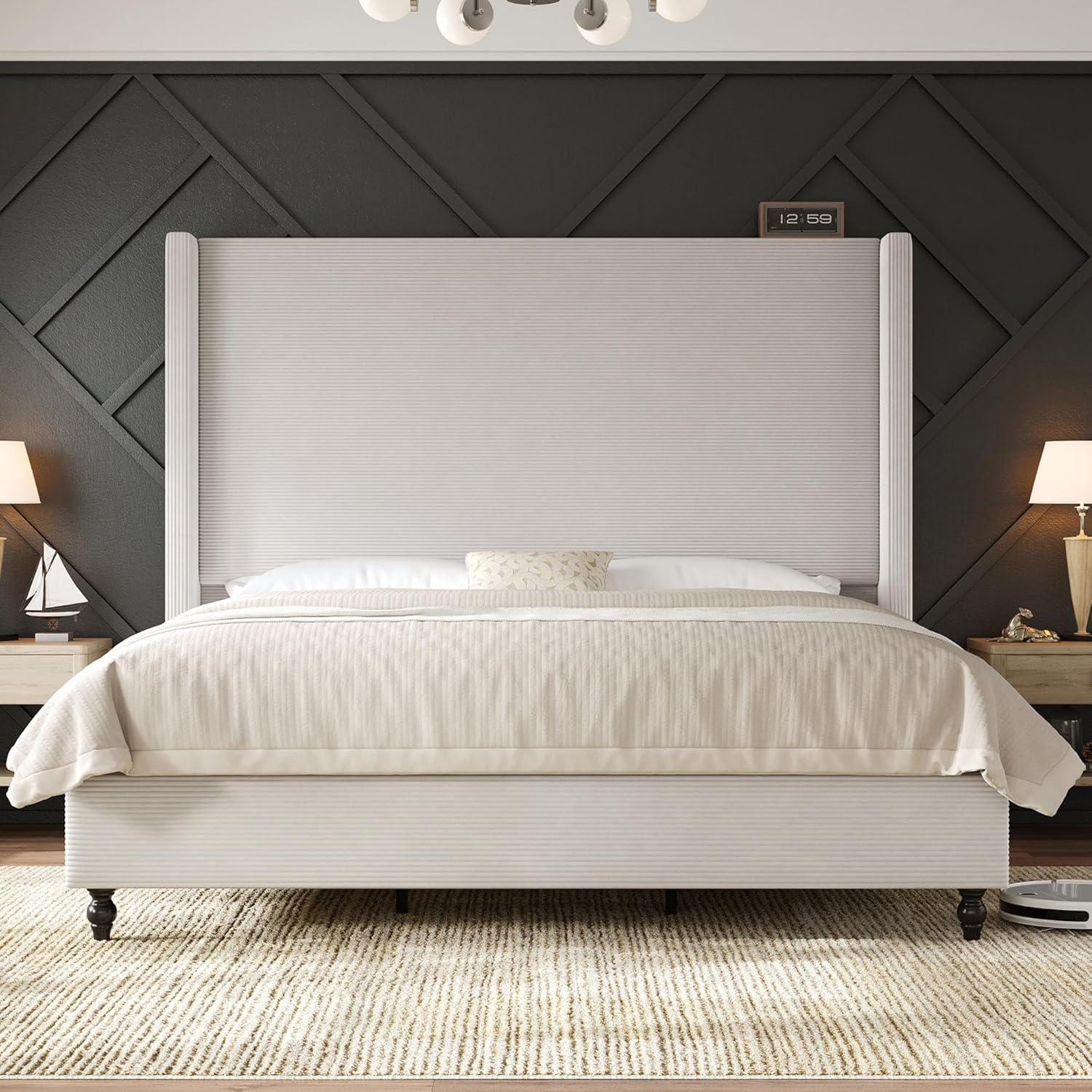 AMERLIFE King Size Bed Frame with 65' Tall Headboard, Upholstered Corduroy Bed Frame with Wingback, Platform Bed with Solid Wood Gourd Legs, Solid Slats, No Box Spring Needed, White
