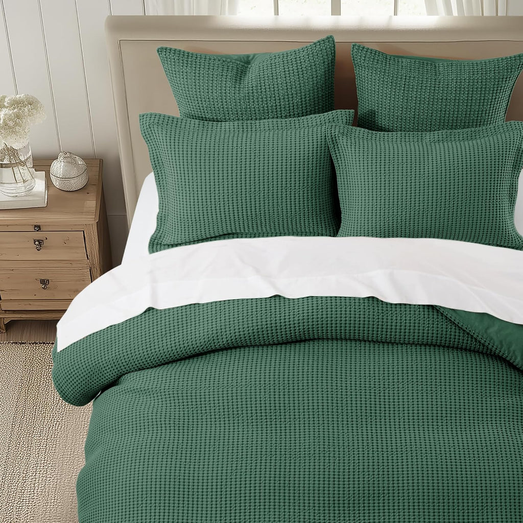 Levtex Home Mills Waffle Queen Duvet Cover Set (90x94in) with 2 Pillow Shams (26x20in) - Forest Green - 100% Cotton Queen Size Duvet Cover Set - Soft, Pre-Washed