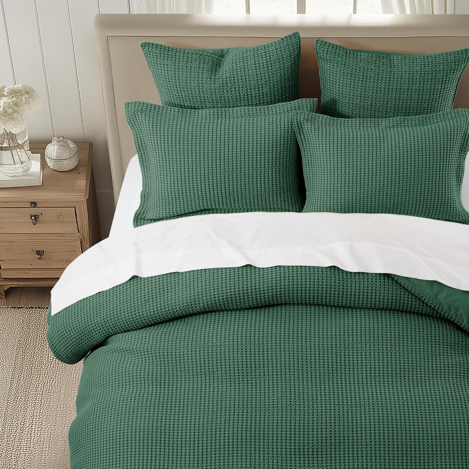 Levtex Home Mills Waffle Queen Duvet Cover Set (90x94in) with 2 Pillow Shams (26x20in) - Forest Green - 100% Cotton Queen Size Duvet Cover Set - Soft, Pre-Washed