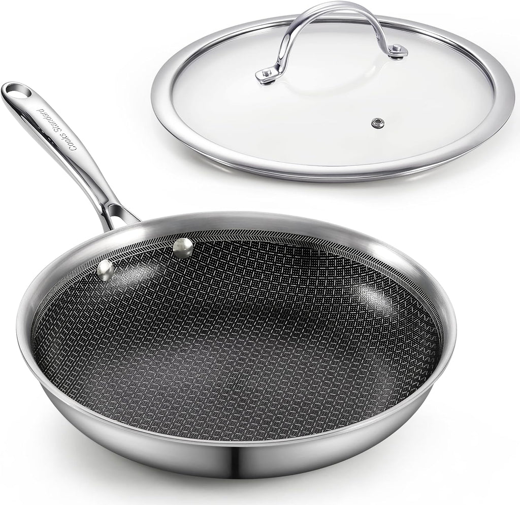 Cooks Standard Hybrid Mutli-Ply Clad 12 Inch Nonstick Frying Pan, Stainless Steel Skillet with Tempered Glass Lids, Cool Handle, Oven Safe, Compatible with All Stovetops