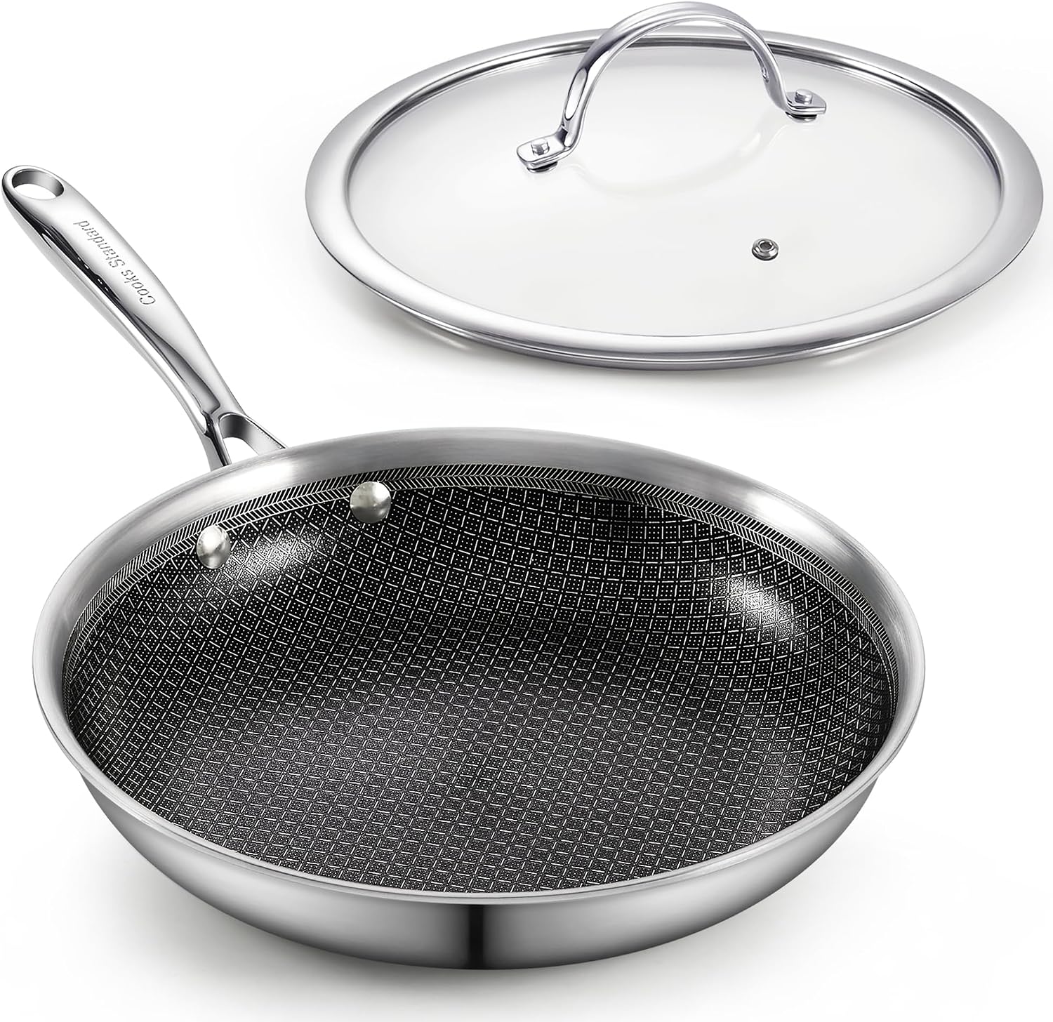 Cooks Standard Hybrid Mutli-Ply Clad 12 Inch Nonstick Frying Pan, Stainless Steel Skillet with Tempered Glass Lids, Cool Handle, Oven Safe, Compatible with All Stovetops