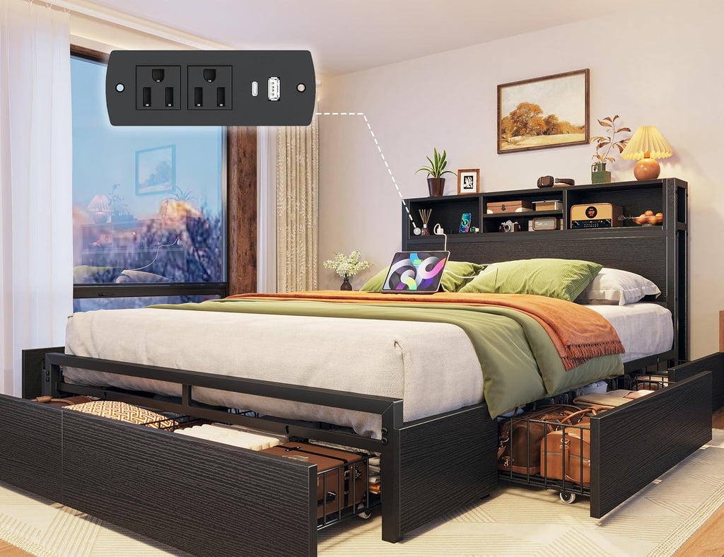 EnHomee Full Size Bed Frame with 6 Storage Drawers, Headboard & Charging Station, Noise-Free Metal Platform Bed, No Box Spring Needed,Black