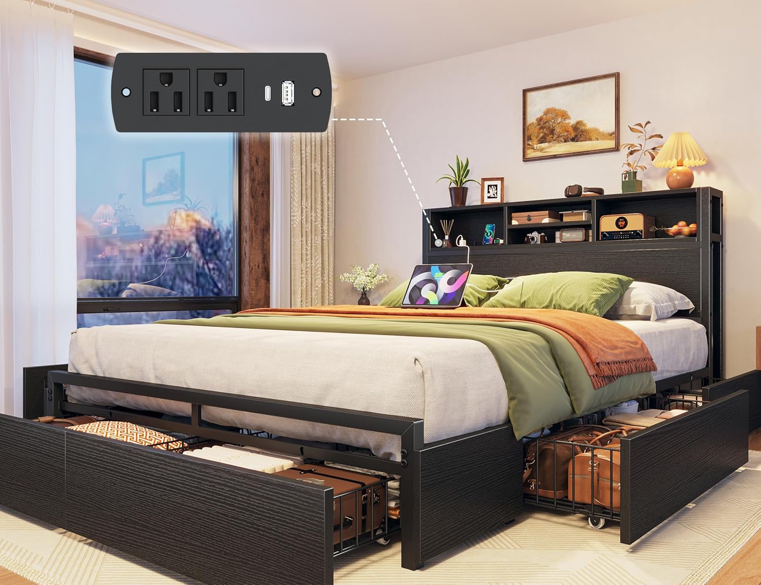 EnHomee Full Size Bed Frame with 6 Storage Drawers, Headboard & Charging Station, Noise-Free Metal Platform Bed, No Box Spring Needed,Black