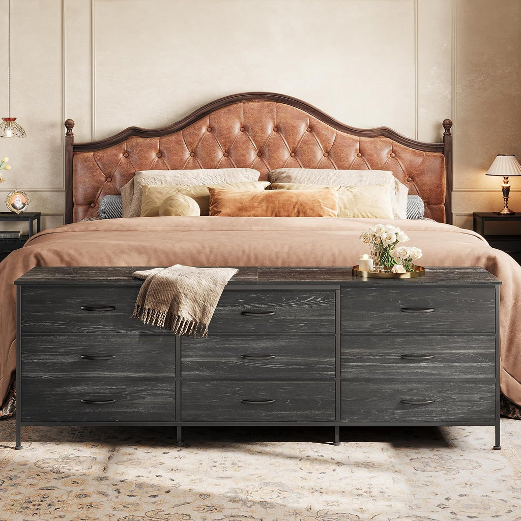 Huuger 63 Inch Dresser for Bedroom, Dresser for Closet with 9 Fabric Drawers, Large TV Stand for 55, 65, 70 Inch TV, Entertainment Center, Wide Long Chest of Drawers, Charcoal Black Wood Grain Print