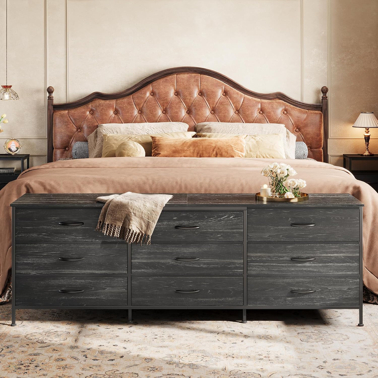 Huuger 63 Inch Dresser for Bedroom, Dresser for Closet with 9 Fabric Drawers, Large TV Stand for 55, 65, 70 Inch TV, Entertainment Center, Wide Long Chest of Drawers, Charcoal Black Wood Grain Print
