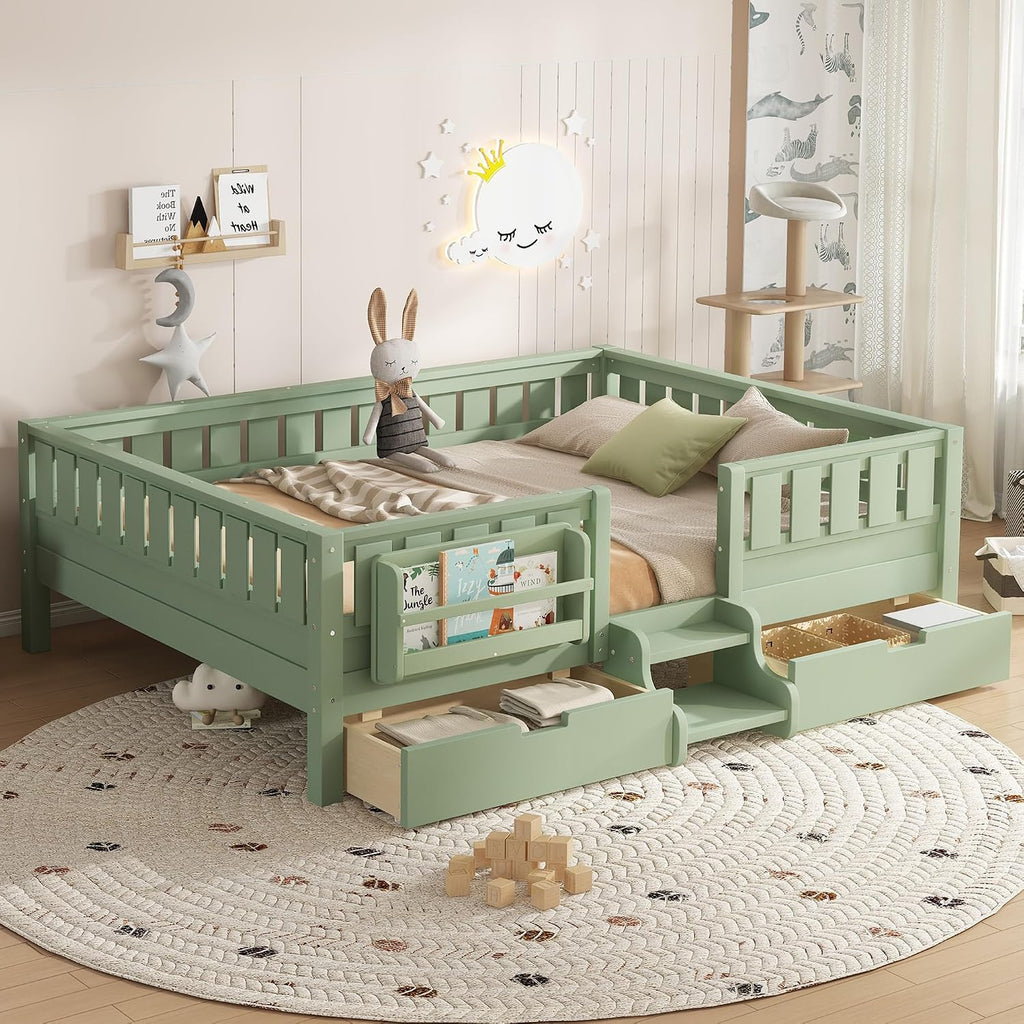 Bellemave Queen Size Montessori Bed with Stairs, Rails and Slats, Queen Size Montessori Floor Bed with Bookshelf and 2 Storage Drawers, Easy Assemble Beds Frame for Girls, Boys, Avocado Green