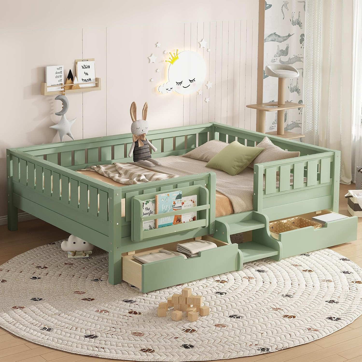 Bellemave Queen Size Montessori Bed with Stairs, Rails and Slats, Queen Size Montessori Floor Bed with Bookshelf and 2 Storage Drawers, Easy Assemble Beds Frame for Girls, Boys, Avocado Green