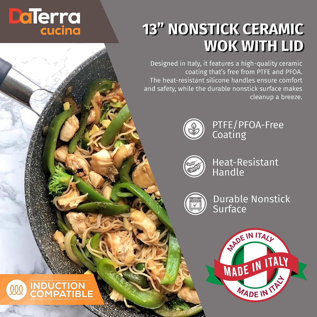 DaTerra Cucina - 13' Nonstick Ceramic Wok with Lid - Made in Italy - High Heat Resistant Nonstick Cookware - Oven & Induction Safe, PTFE, Cadmium, Lead & PFOA free - Volcanic Black Speckled