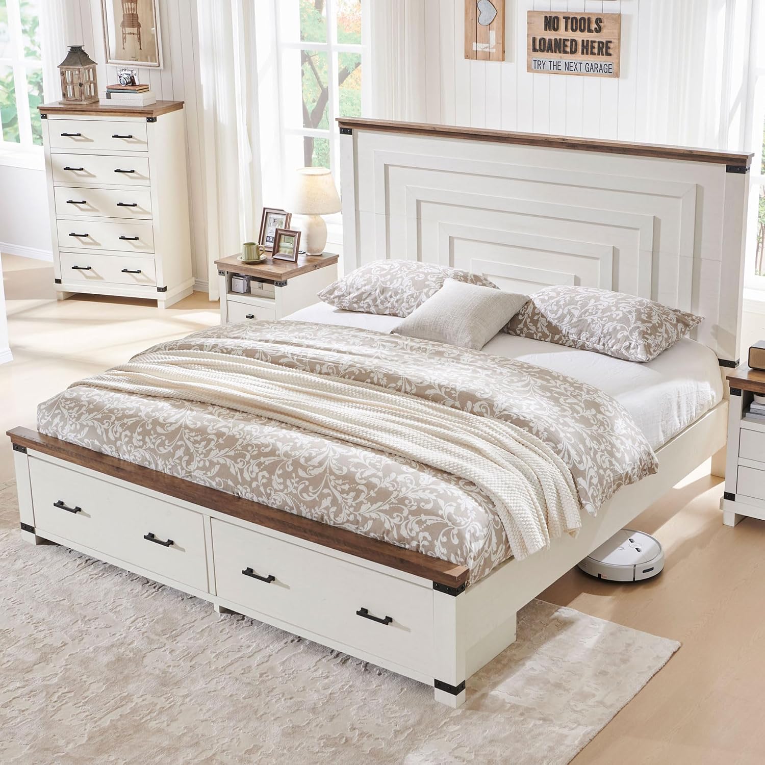 RedLemon Farmhouse King Size Bed Frame w/ 54' Tall Geometric Headboard, Rustic Wood Platform Bed w/ 2 Large Storage Drawers, Wood Slats Support, Noise Free, No Box Spring Needed, Antique White