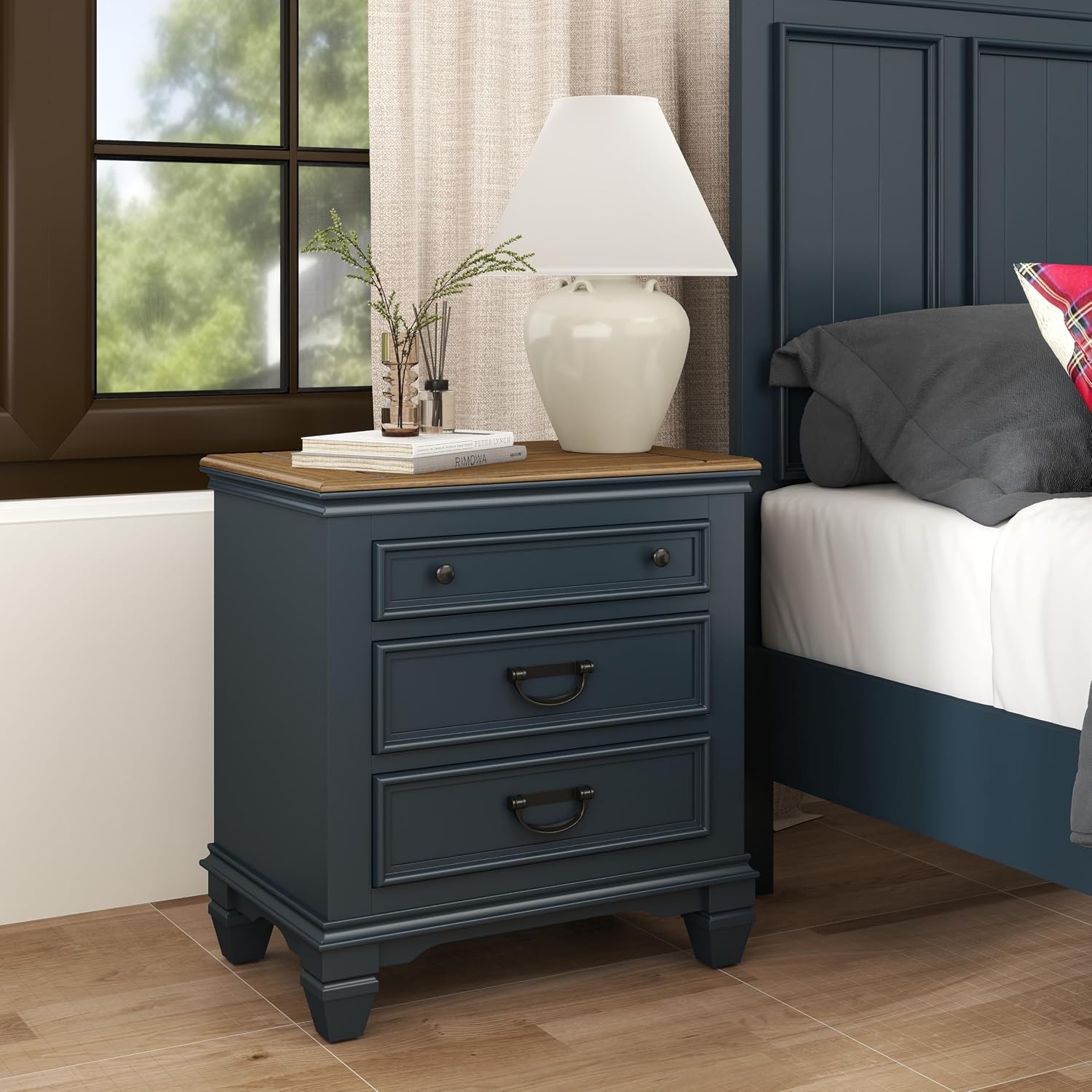 Roundhill Furniture Riverton Wood 3-Piece Bedroom Set, Shiplap Panel King Bed with 2 Nightstands in Slate Blue
