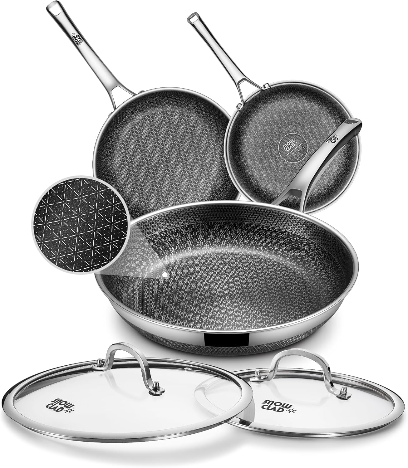 Non Stick Frying Pans set, 8+10+12 inch with Lids, Hybrid Pans Fajita Set, Stainless Steel,Dishwasher, PFOA Free Cookware, Dishwasher Skillets, Induction Compatible Cooking Pan, PFOA Free, Oven-Safe