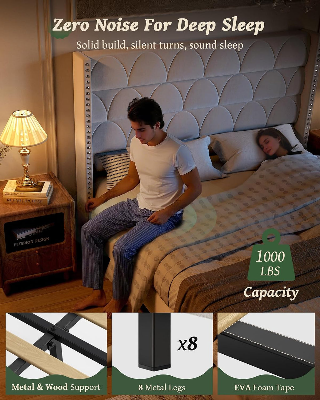 OHOHOLIVE King Size Bed Frame with 56' Headboard - 1000LBS Capacity Support, Velvet Upholstered Wingback Platform Bed Frame, Noise Free, Sturdy Wooden Slat Support