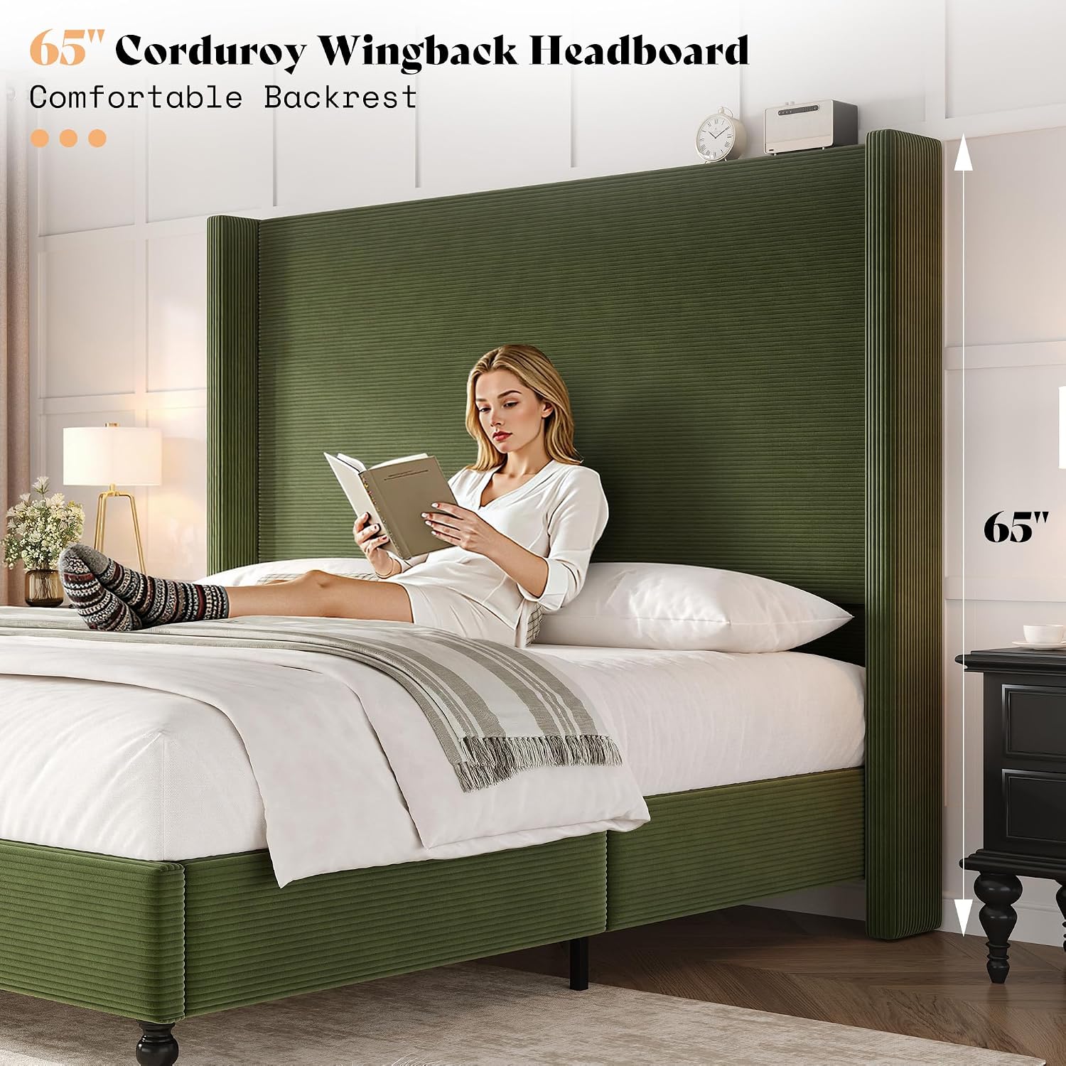 AMERLIFE King Size Bed Frame with 65' Tall Headboard, Upholstered Corduroy Bed Frame with Wingback, Platform Bed with Solid Wood Gourd Legs, Solid Slats, No Box Spring Needed, Green