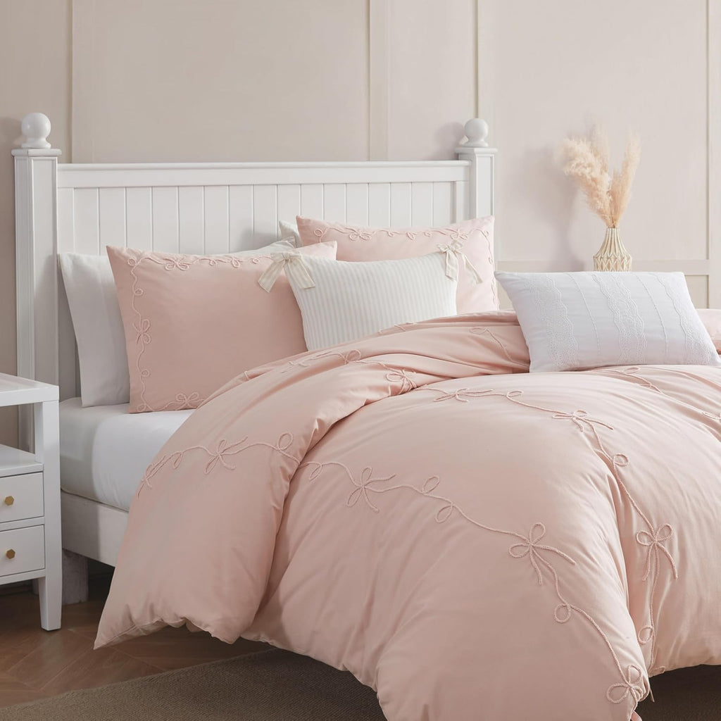 Peri Home Bows Bedding Cottage Core 100% Cotton 3-Piece Comforter and Sham Set, Full/Queen, Blush Sasha Bows
