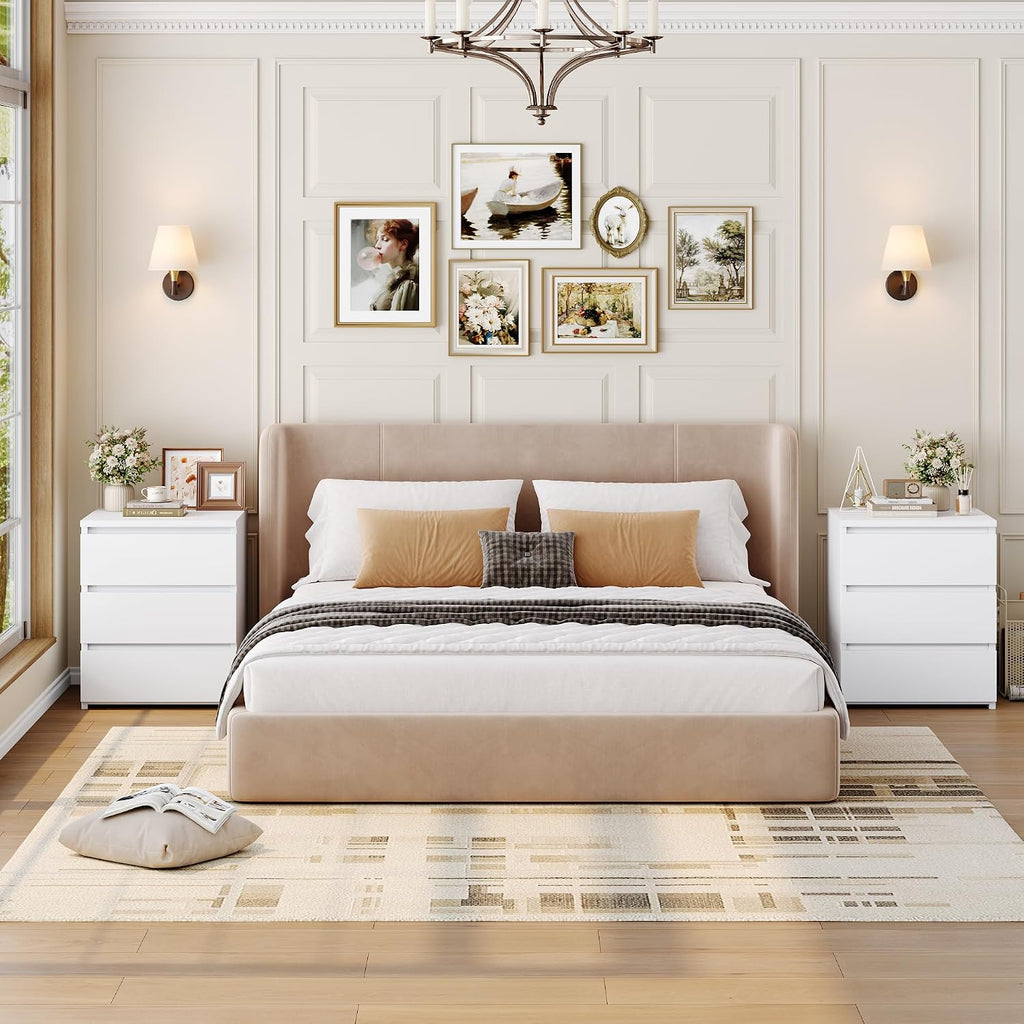 FOTOSOK Bedroom Set, 5 Drawer Dresser and Nightstand Sets for Bedroom, 3 Piece Bedroom Set, Night Stand Set of 2 & White Dresser Set, Chest of Drawers Storage Cabinet Set, White