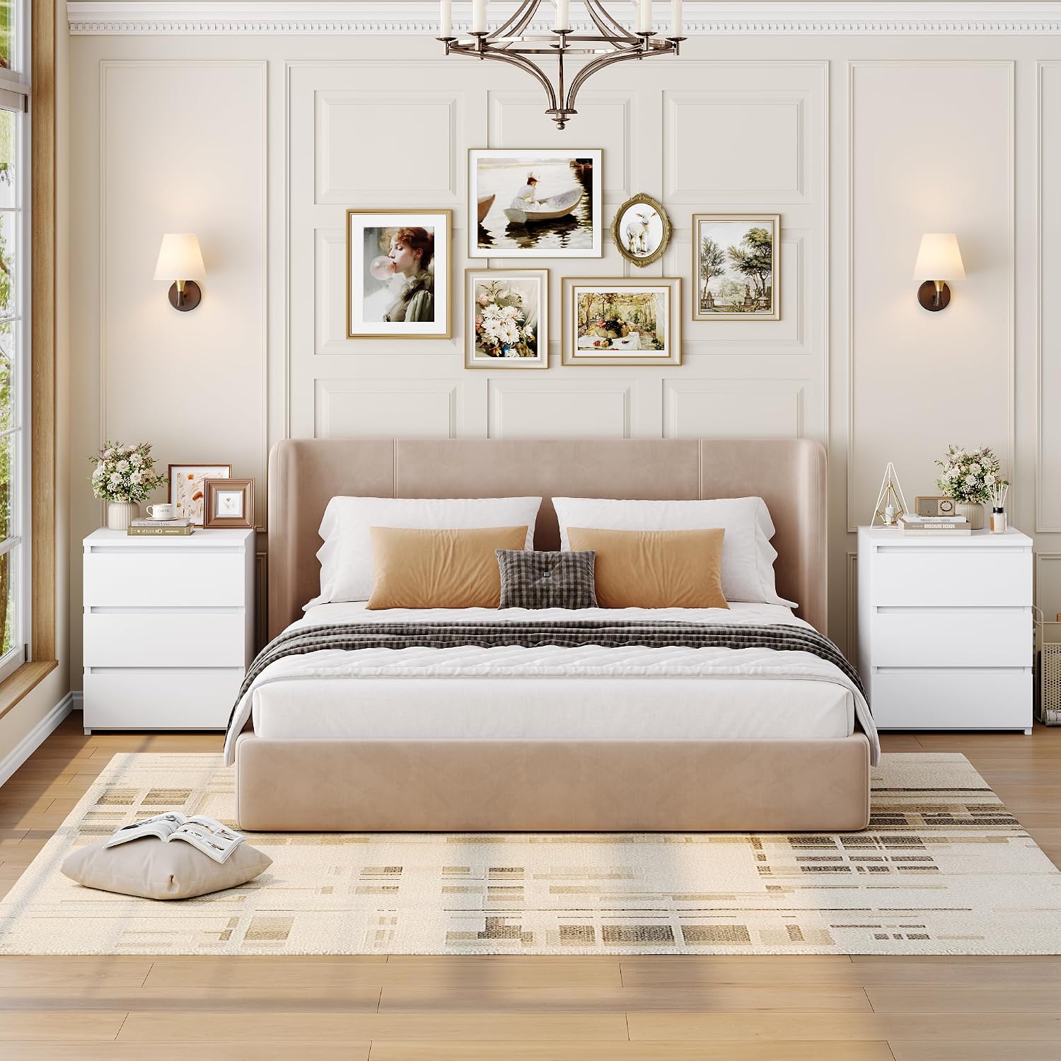 FOTOSOK Bedroom Set, 5 Drawer Dresser and Nightstand Sets for Bedroom, 3 Piece Bedroom Set, Night Stand Set of 2 & White Dresser Set, Chest of Drawers Storage Cabinet Set, White