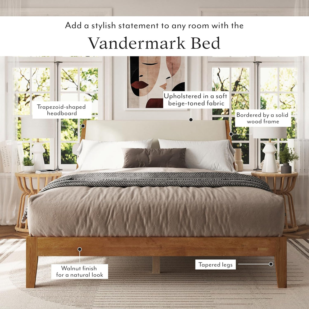 DG Casa Vandermark Solid Wood Easy Install Full Bed Frame with Unique Headboard and Wooden Slat Support Included No Box Spring Required - Beige Walnut