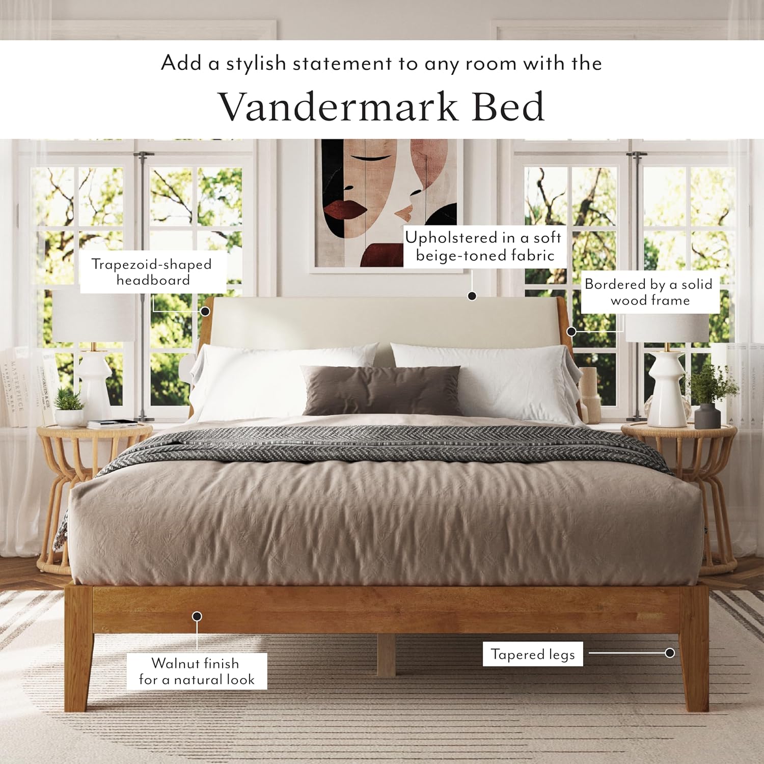 DG Casa Vandermark Solid Wood Easy Install Full Bed Frame with Unique Headboard and Wooden Slat Support Included No Box Spring Required - Beige Walnut