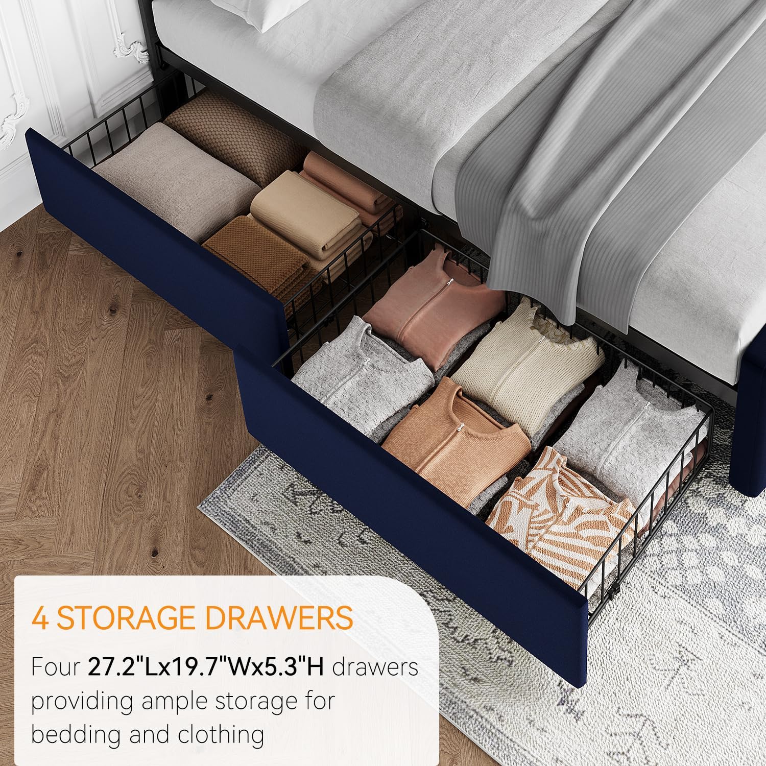 IDEALHOUSE Full Size Bed Frame with 4 Storage Drawers and Headboard, Velvet Upholstered Platform Bed Frame with Wooden Slats Support, Button Tufted Design, No Box Spring Needed, Blue