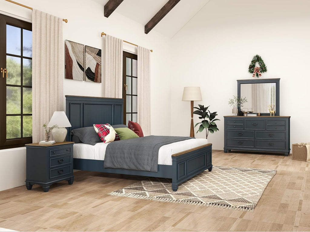 Roundhill Furniture Riverton Wood Bedroom Set with Shiplap Panel King Bed, Dresser, Mirror, Two Nightstands, and Chest in Slate Blue