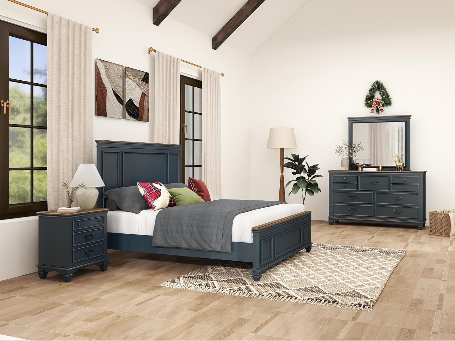 Roundhill Furniture Riverton Wood Bedroom Set with Shiplap Panel King Bed, Dresser, Mirror, Two Nightstands, and Chest in Slate Blue