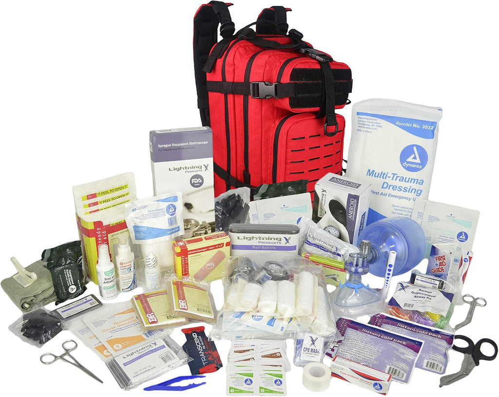 Lightning X Stocked EMS/EMT Trauma & Bleeding First Aid Responder Medical Backpack + Kit (Red)