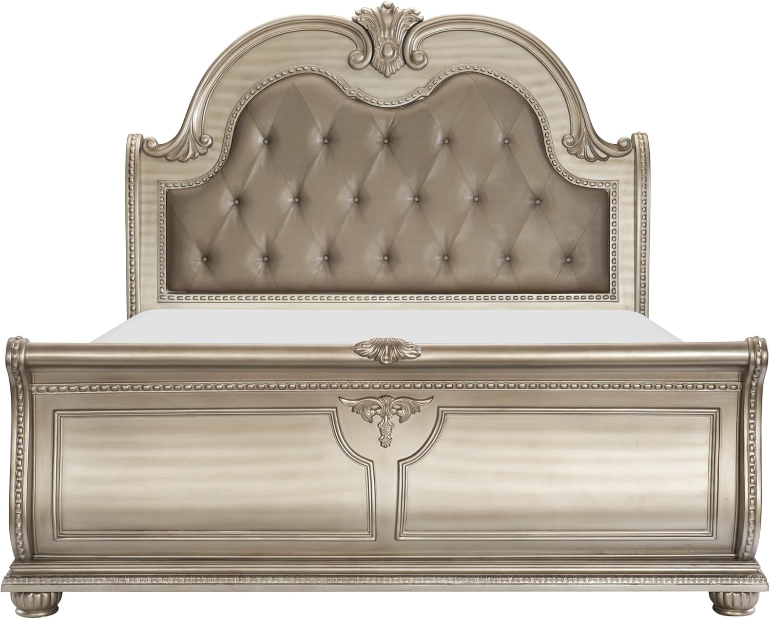 New Formal Traditional 6pc Set King Size Faux Leather Tufted Bed Silver Finish Classic Design Marble Top Bedroom Furniture