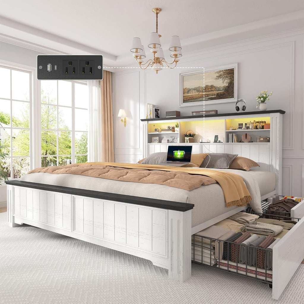 EnHomee Queen Bed Frame with Headboard, Bed Frame Queen Size with 4 Storage Drawers, Queen Bed with LED Lights & Charging Ports,No Box Spring Needed,NO Noise,Wooden, White