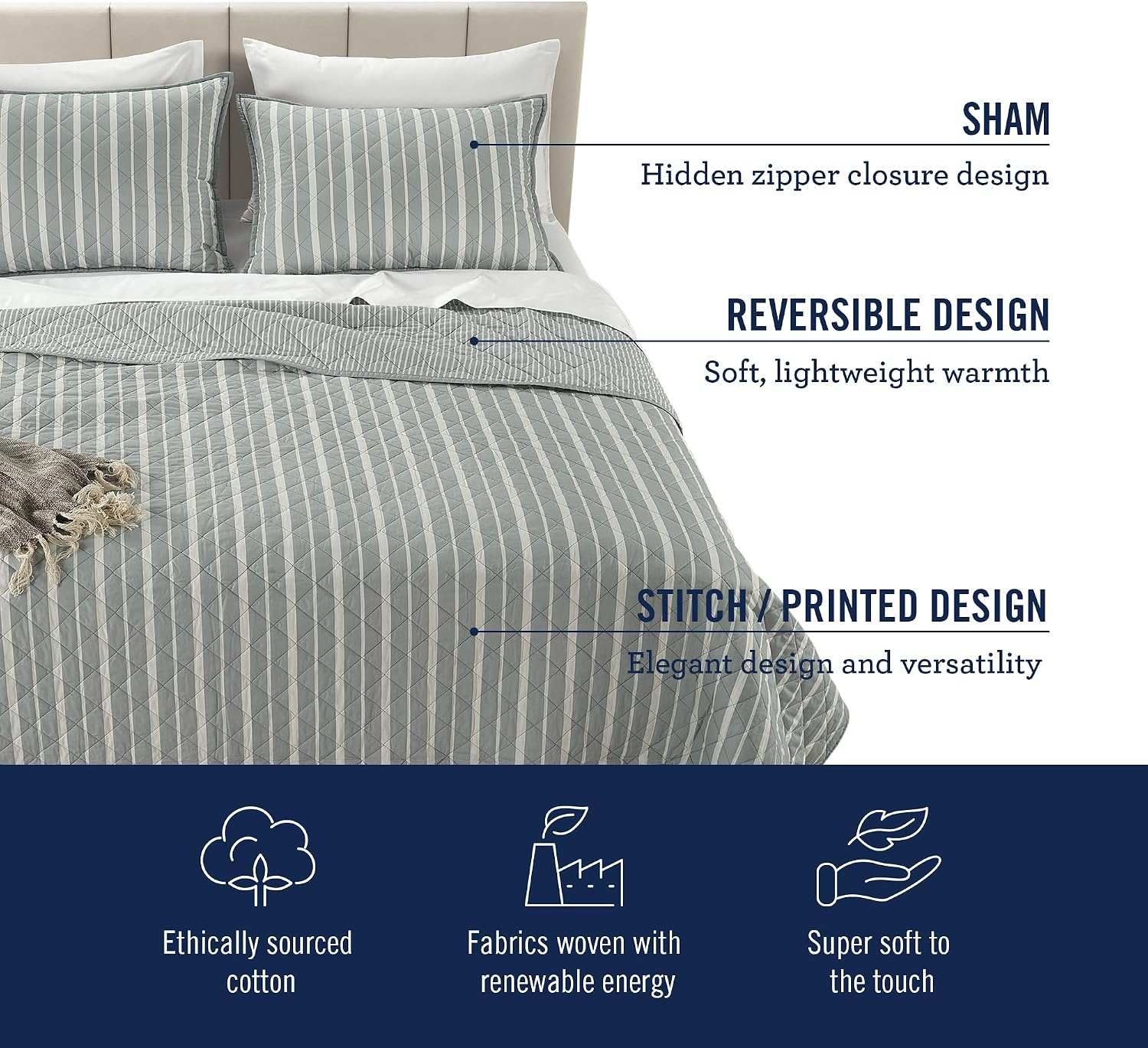 Izod 100% Cotton Percale Pre-Washed Quilt Set, Ultra-Soft & Reversible Bedding, Full/Queen Size Sheet, Wrinkle-Resistant 3-Pc Cotton Bedspread w/Matching Shams, All-Season Comfort - Grey Stripe