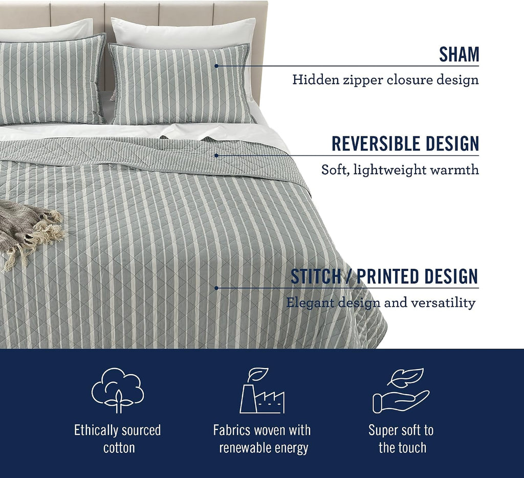 Izod 100% Cotton Percale Pre-Washed Quilt Set, Ultra-Soft & Reversible Bedding, Twin Sheets Set, Wrinkle-Resistant 2-Pc Cotton Bedspread with Matching Shams, All-Season Comfort - Grey Stripe